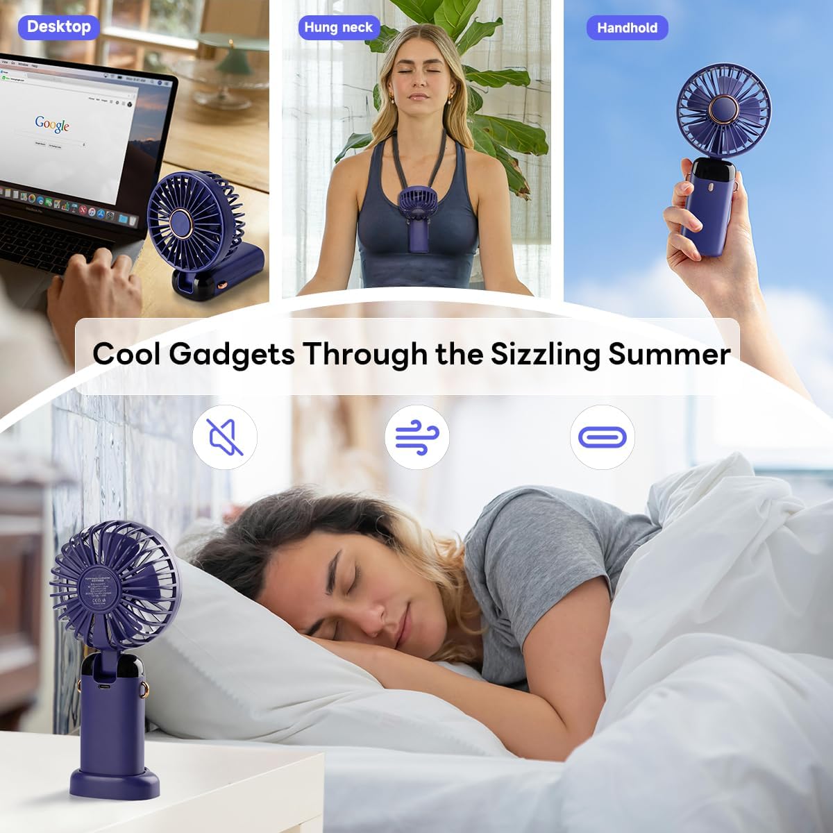 Mini Ventilateur Portable,Rechargeable USB-C 4000mAh, Écran Digital, 5 Vitesses, Pliable 90°
