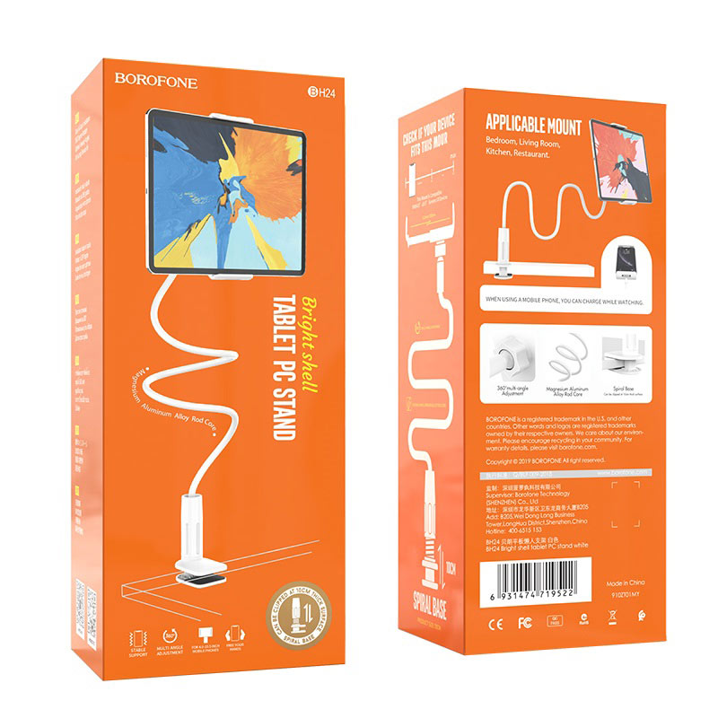 Support de Tablette et Smartphone Borofone BH24 Bright Shell – Bras Flexible de 70 cm, Rotation 360°, Fixation Universelle