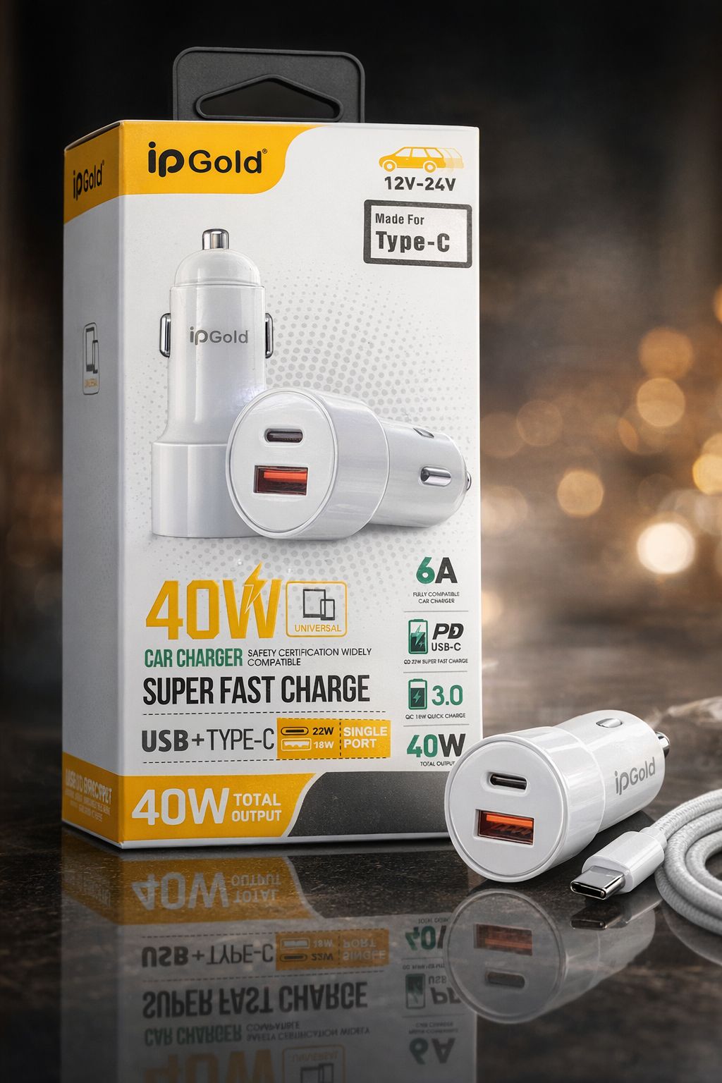 Chargeur Voiture Rapide 40W USB + Type-C avec Câble Type-C–Charge Ultra Rapide
