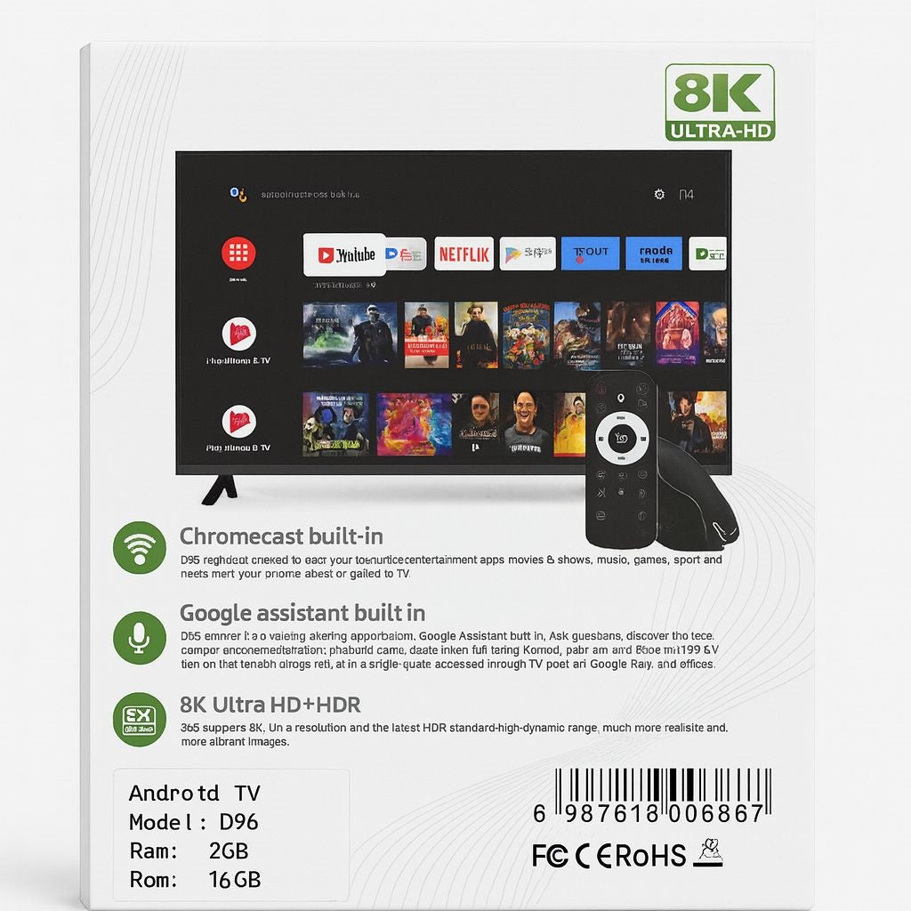 D96 ANDROID TV BOX – 8K Ultra HD Google Assistant Wi-Fi 6 2GB RAM et 16GB ROM 1 an Gratuit