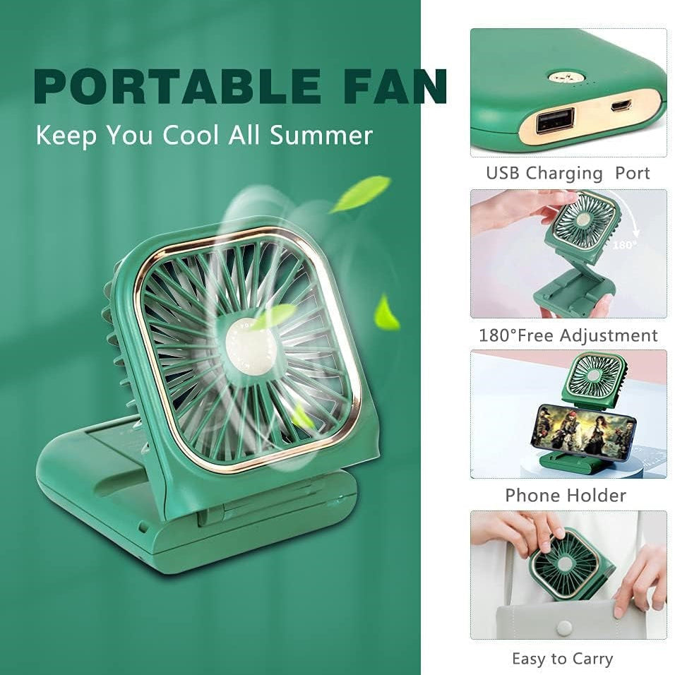 Ventilateur Portable Pliable 5 en 1 avec Power Bank 3000mAh, Support Téléphone et Tour de Cou Vert