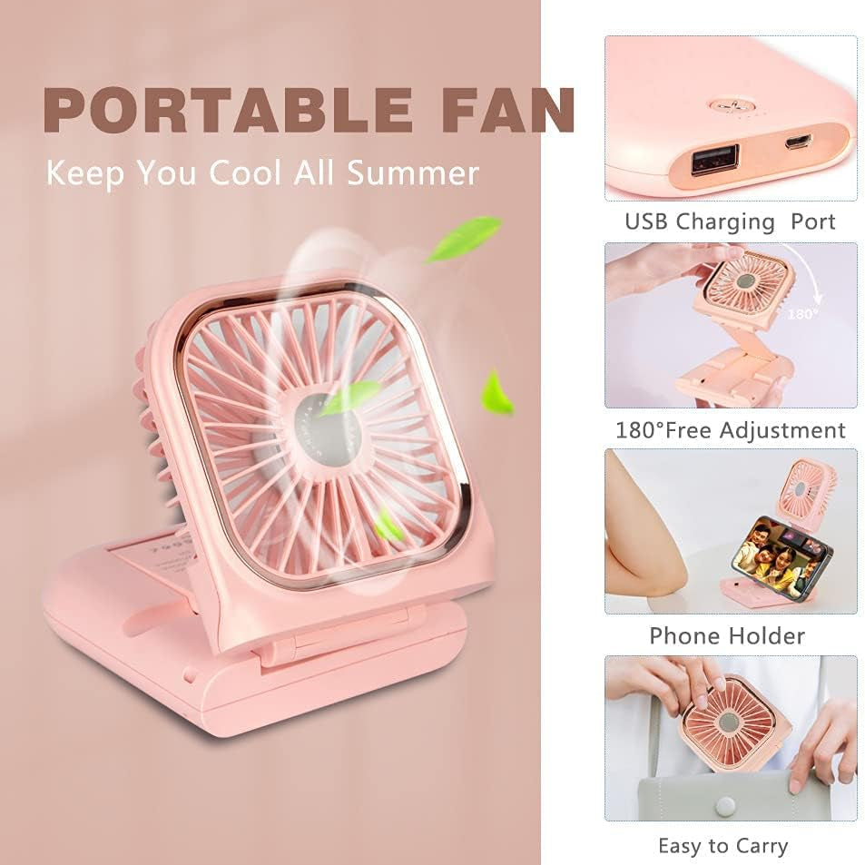 Ventilateur Portable Pliable 5 en 1 avec Power Bank 3000mAh, Support Téléphone et Tour de Cou Rose