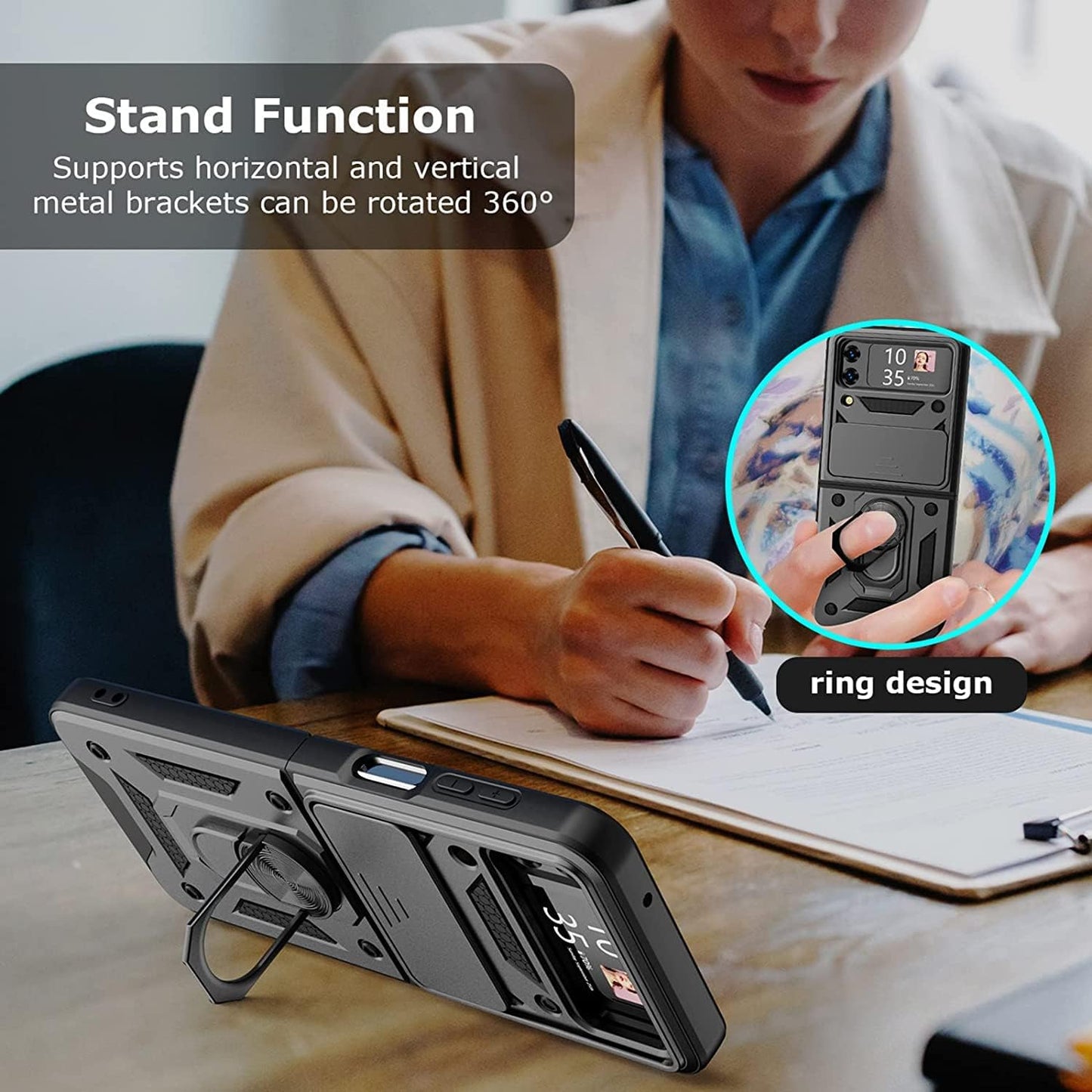 Coque Pour Samsung Galaxy Z Flip 3/4/5 avec cache appareil photo,Support magnétique pour voiture (Noir)