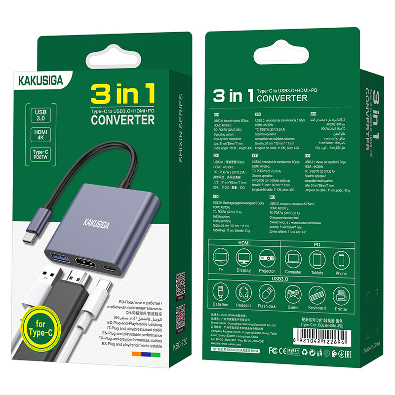 Adaptateur Convertisseur 3 en 1 Type-C vers USB3.0+HDMI+PD