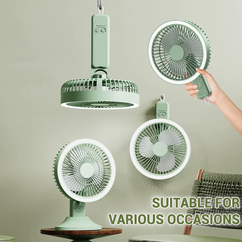 Ventilateur Portable Multifonction 5 Vitesses avec Éclairage LED,Utilisation Bureau, Suspension Murale et Portable