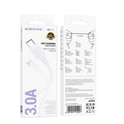 Câble de données et de chargement USB-A vers USB-C, 3.0A 1m, blanc