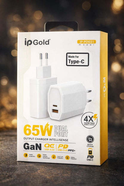 Chargeur Rapide 65W GaN Double Port (USB-C + USB-A) avec Câble Type-C vers Type-C–PD & QC 3.0