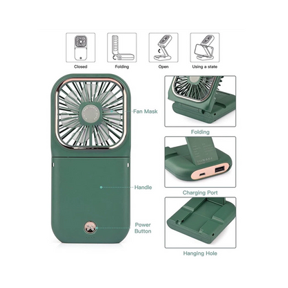 Ventilateur Portable Pliable 5 en 1 avec Power Bank 3000mAh, Support Téléphone et Tour de Cou  Vert