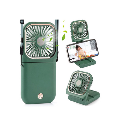 Ventilateur Portable Pliable 5 en 1 avec Power Bank 3000mAh, Support Téléphone et Tour de Cou  Vert