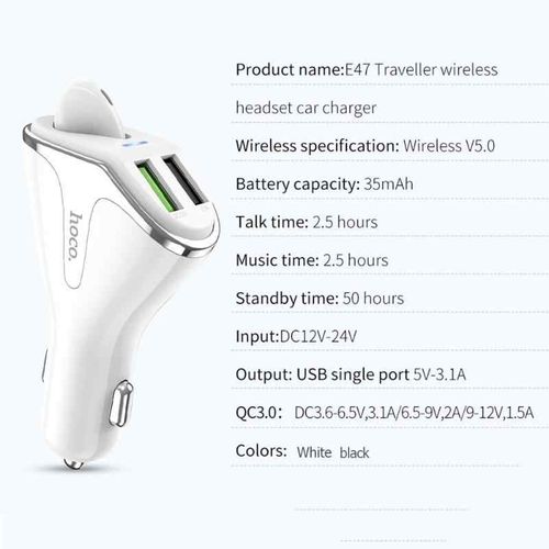 Chargeur de voiture pour Ecouteur sans fil E47 2 en 1 avec double port USB 18W